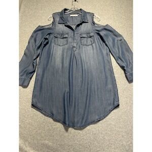 Billy T Women's Long Sleeves Open Shoulders Jeans Denim Dress Blue Cotton Sz‎ M